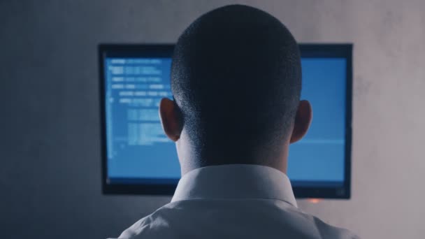 Vista posterior del código de programación profesional del programador en el monitor de la computadora en la oficina nocturna — Vídeos de Stock