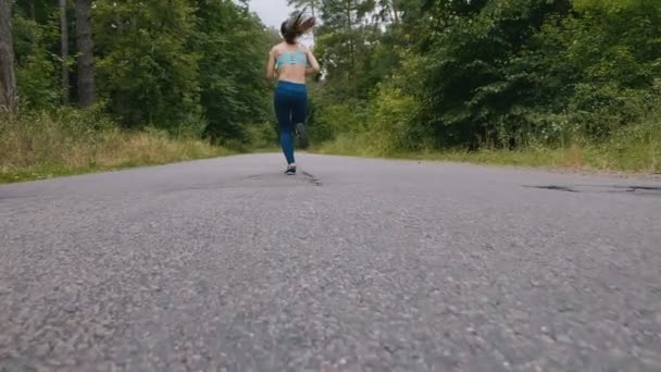 スローモーションで森の中を走るランナー女性。屋外フィットネス。ステディカムで撃たれたモーニングランニングコンセプト. — ストック動画