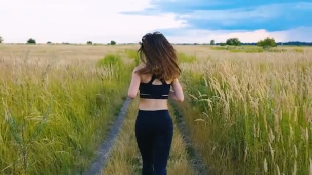 Fit kvinna jogging utövar kör Cardio utomhus på sommaren fältet. Träning kvinnlig löpare. — Stockvideo