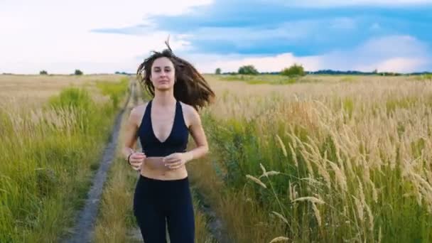 Fit Женщина бег трусцой Упражнение бег кардио на открытом воздухе на летнем поле. Workout Female Runner . — стоковое видео