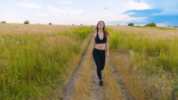 Leichtathletik junge Frau zu Fuß auf der Landstraße in schönen Feld. Fitness im Freien. Schuss mit Schwebestativ — Stockvideo