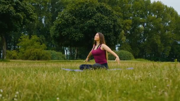 Giovane bella donna che pratica yoga all'aperto. Concetto benessere. Calma e relax, donna felicità . — Video Stock