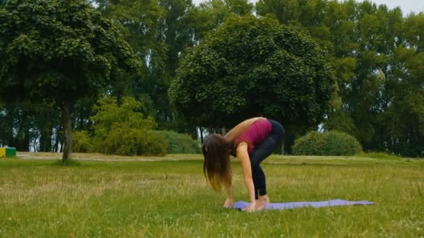 Mujer caucásica joven relajándose practicando yoga en el lugar al aire libre por la mañana. Hermosa mujer haciendo yoga en el parque en la hierba verde — Vídeos de Stock