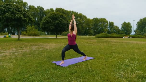 Junge schöne Frau meditiert während des Outdoor-Trainings im Sommerpark fühlt sie Frieden. sportliches Mädchen beim Yoga im Freien am Morgen. Zeitlupe — Stockvideo