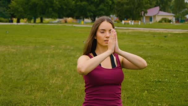 夏の公園で野外トレーニング中に瞑想する若い美しい女性は、彼女は平和を感じています。朝は屋外でヨガをしているスポーティーな女の子。スローモーション — ストック動画