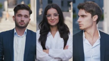 Portreler iş adamları ve kadın kolaj. Klasik takım elbiseli iş adamları açık havada.