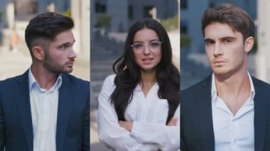 Portreler iş adamları ve kadın kolaj. Klasik takım elbiseli iş adamları açık havada.
