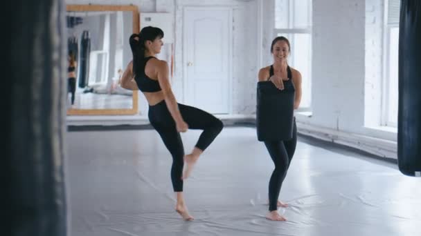 Die athletische Frau trainiert ihre Tritte an einem Boxsack, den ihr Partner in der Hand hält. Training von Taekwondo oder Kickboxen. Zwei Sportlerinnen trainieren im Fitnessstudio — Stockvideo