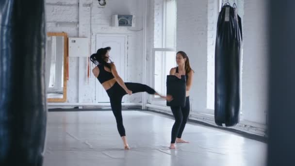 Athletic Woman Trains Her Kicks on a Punching Bag that Her Partner Holds. Entrenamiento de Taekwondo o Kickboxing. Entrenamiento de dos deportistas en Gimnasio — Vídeo de stock