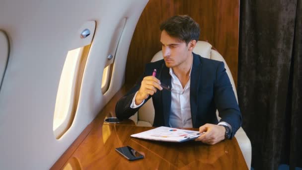 Бизнесмен работает с документами во время полета на личном реактивном самолете. Бизнес-класс . — стоковое видео