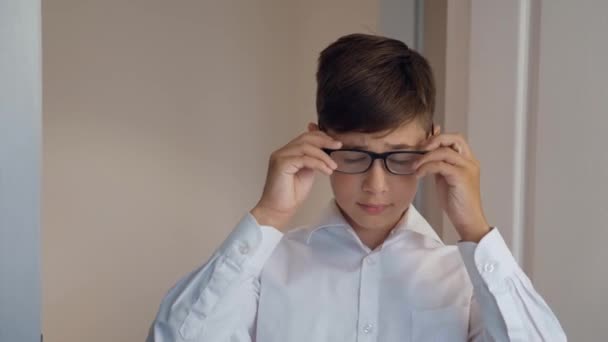 Primer plano retrato de chico lindo de 11 años con gafas. Chico listo. Niño prodigio — Vídeo de stock