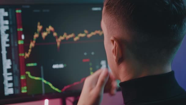Achteraanzicht effectenmakelaar werkt aan wereldwijde groeianalyse van de financiële handel op computer bij nachtkantoor in neon licht. — Stockvideo