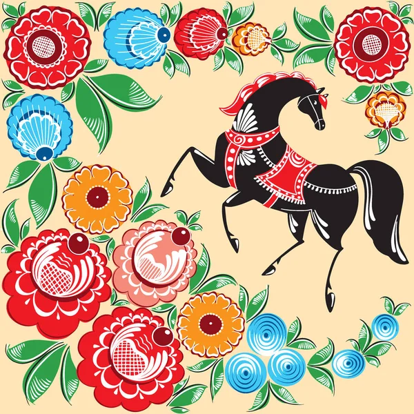 Floral Rusia vektor tradisional ornamen etnis Gorodets dengan kuda di terisolasi latar belakang putih untuk desain Anda - Stok Vektor