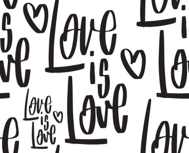 Seamless pattern of wedding handwritten lettering for your design: love is love. Holiday vector illustration on white background clipart