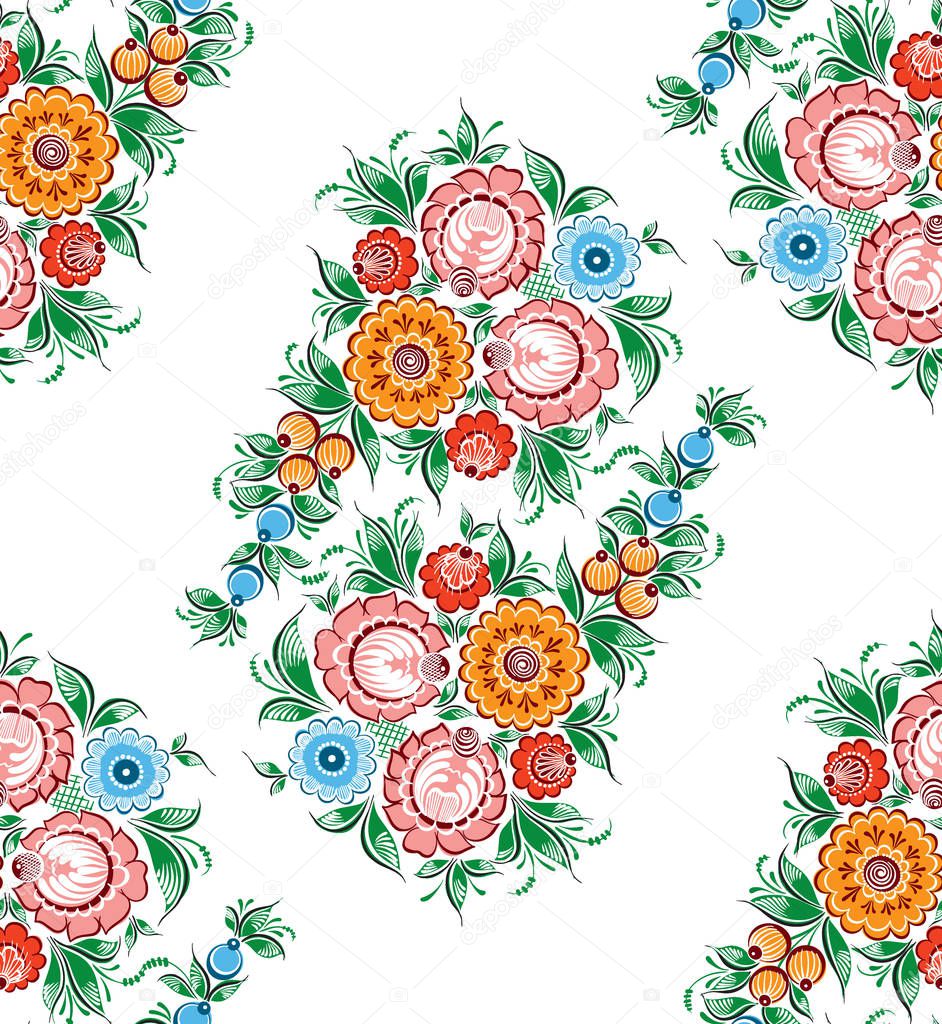 Seamless vector pattern with floral russian traditional ethnic ornament Gorodets on isolated white background for your design