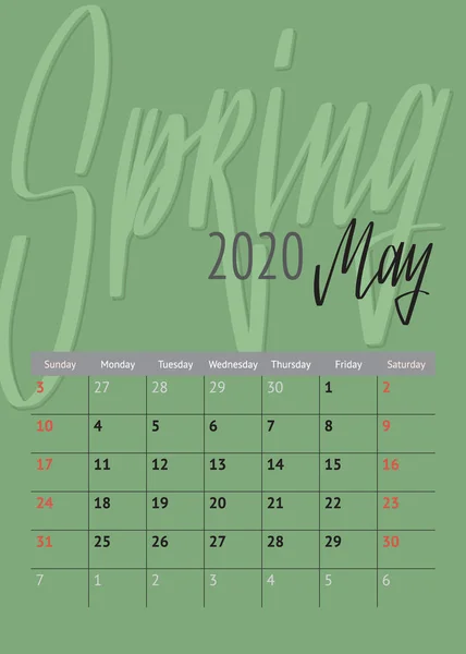 Календарь месячная неделя начинается в воскресенье с нарисованных вручную месяцев. Шаблон для вашего дизайна — стоковый вектор