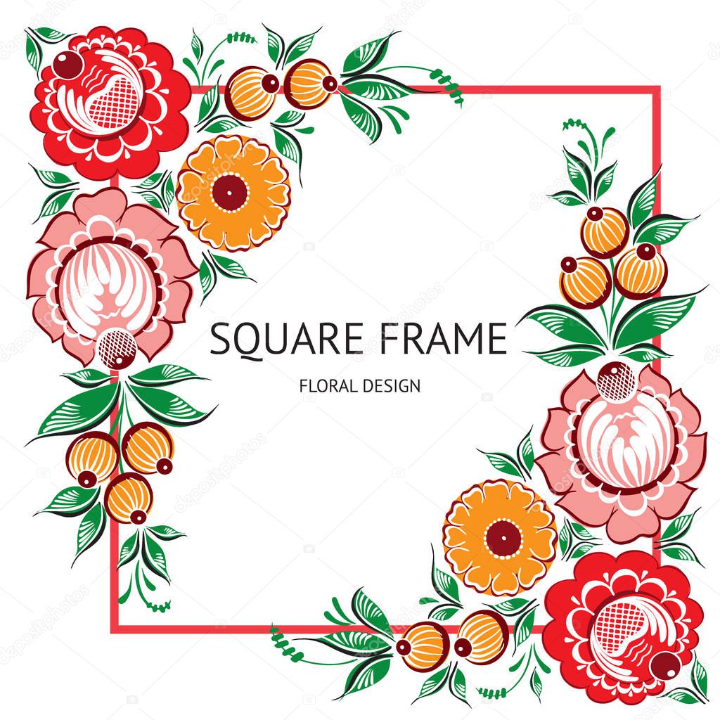 Square frame of Floral russian traditional vector ethnic ornament Gorodets on isolated white background for your design