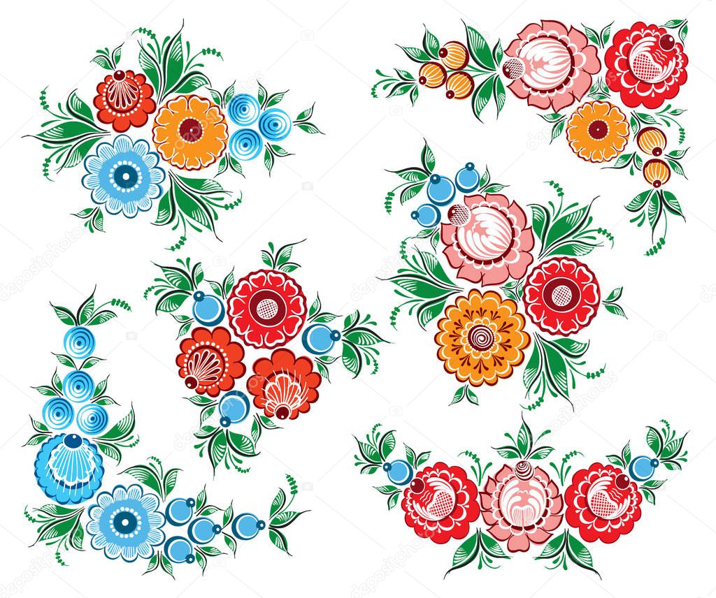 Set of hand drawn floral russian traditional vector ethnic ornament Gorodets on isolated white background for your design