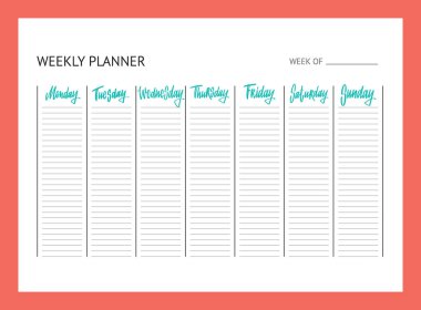 Haftaiçin planlayıcı. Yapılacaklar listesine. Hafta içi isimleri. Takvim tasarımınız için beyaz arka planda elle çizilmiş harfler. Modern fırça vektör kaligrafisi