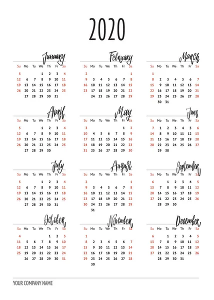 Kalendarz miesięczny tydzień rozpoczęcia niedziela z ręcznie rysowane miesięcy. Szablon dla Twojego projektu — Wektor stockowy