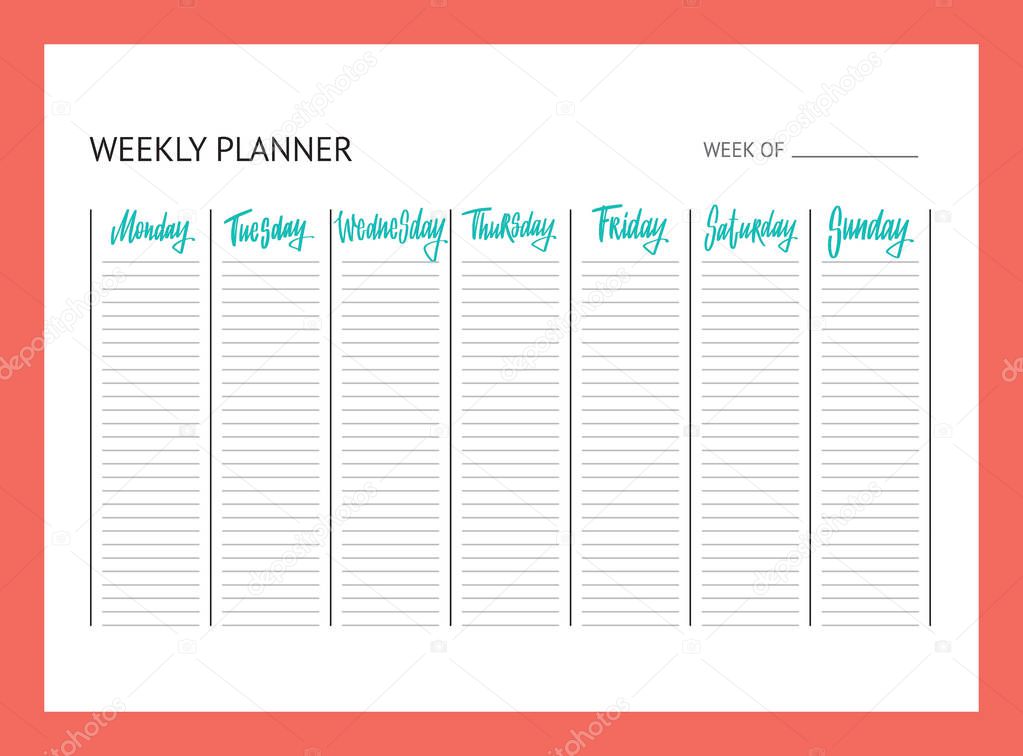 Planner for week. To Do list. Names of weekdays. Hand drawn letteringon white background for your calendar design. Modern brush vector calligraphy