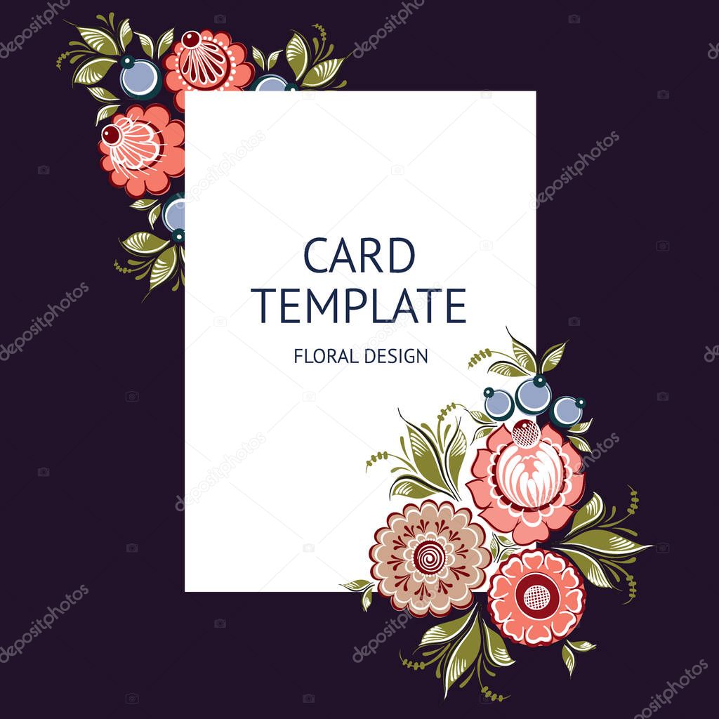 Card template with floral russian traditional vector ethnic ornament Gorodets with horse on dark background for your design