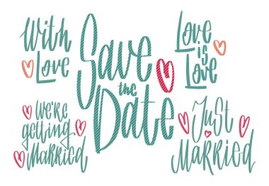 Gesign için düğün el yazısı yazı: tarih kaydetmek, aşk aşk, sevgi ile, sadece beyaz arka plan üzerinde evlendi. Grafik stili ile tatil vektör illüstrasyon