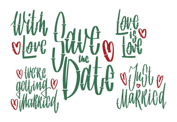 Весільне рукописне написання для видання: зберегти дату, любов це любов, з любов'ю, просто одружена на білому тлі. Свято Векторні ілюстрації з графічним стилем — стоковий вектор