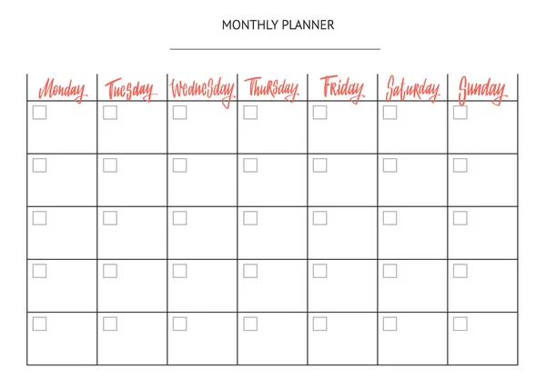 Planificador de semana. Lista de cosas por hacer. Nombres de días laborables. Letras dibujadas a mano sobre fondo blanco para el diseño de su calendario. Caligrafía moderna vector cepillo — Archivo Imágenes Vectoriales