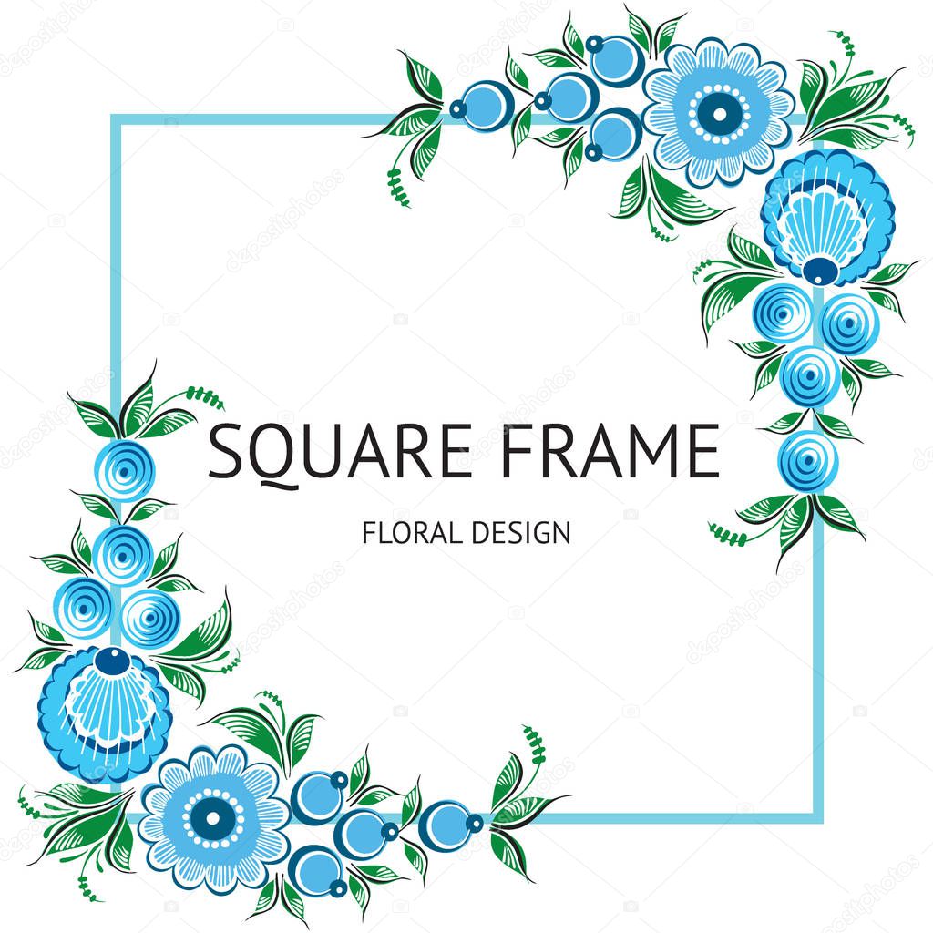 Square frame of Floral russian traditional vector ethnic ornament Gorodets on isolated white background for your design