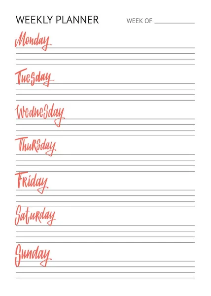 Planner for week. To Do list. Names of weekdays. Hand drawn lettering on coral background. Modern brush vector calligraphy — Stock Vector