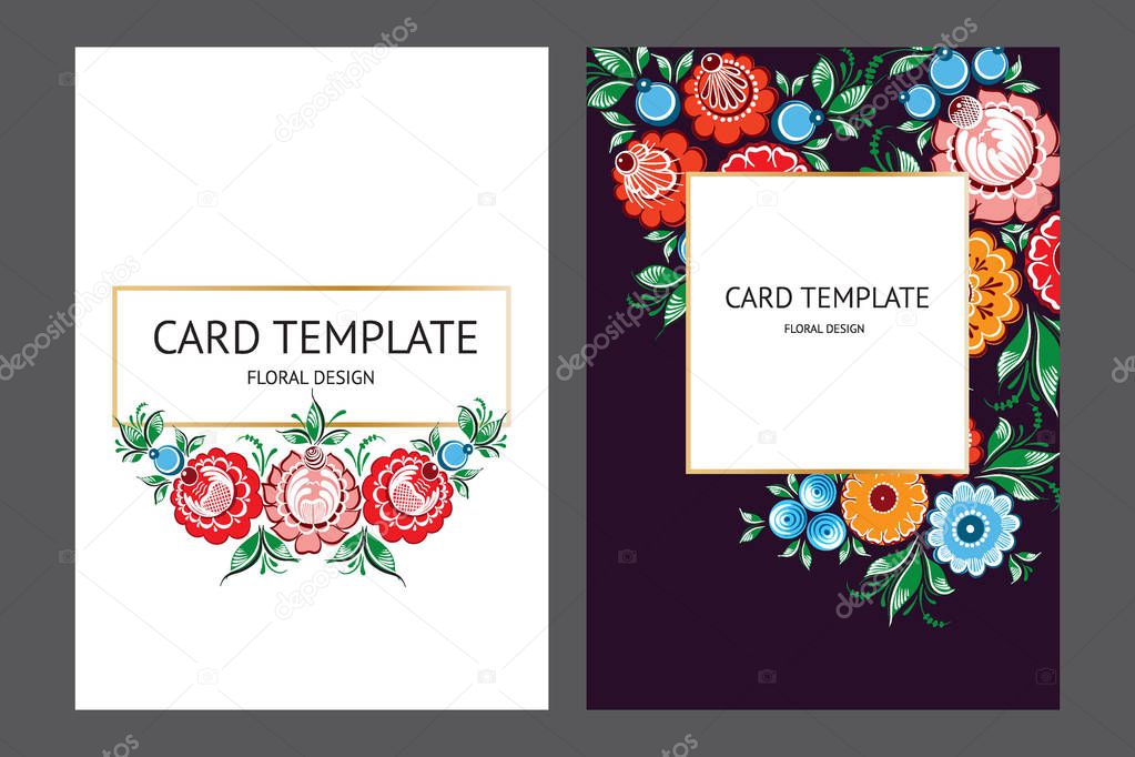 Card template with floral russian traditional ethnic vector ornament Gorodets on dark background for your design