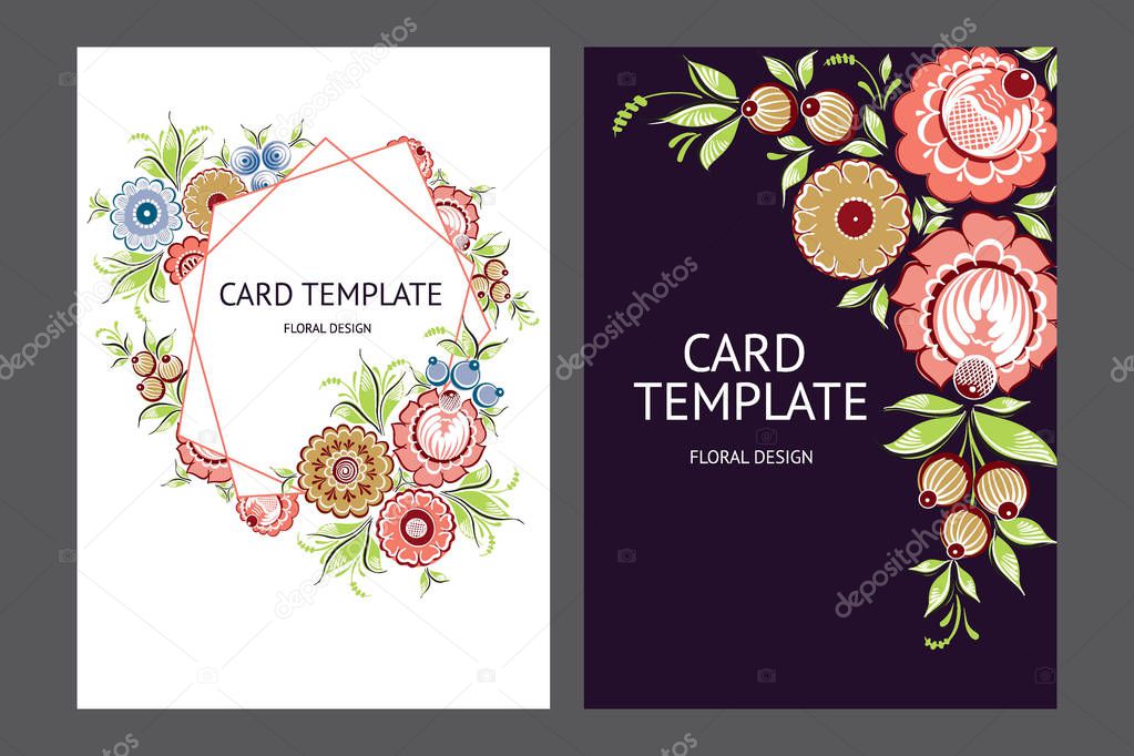 Card template with floral russian traditional ethnic vector  ornament Gorodets on dark background for your design