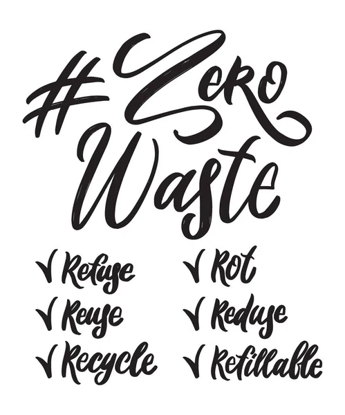 Zero waste hand written lettering words: refuse, reuse, recycle, rot, reduse, refillable. Plastic free design on white background — Stock Vector