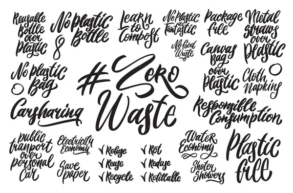 Zero waste hand written lettering words. Plastic free design on white background — Stock Vector