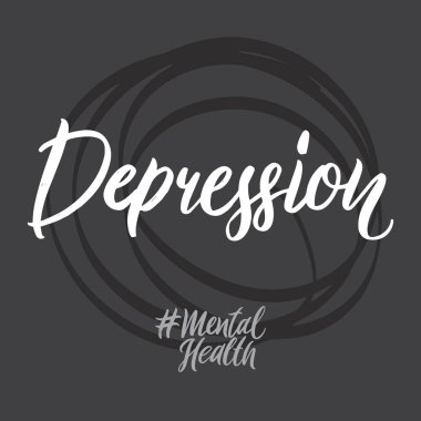 Ruh sağlığı el yazılı harflerle kelimeler: depresyon. Gri arka planda psikoterapi vektör tasarımı