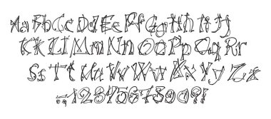 Beyaz arka plan üzerinde elle çizilmiş yazı tipi. Boyalı vektör karakterleri: küçük ve büyük harf. Tasarımlarınız için tipografi grafiti alfabesi: logo, yazı tipi, kart, poster