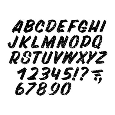 Beyaz arka plan üzerinde elle çizilmiş dokulu yazı tipi. Fırça işareti boyalı vektör karakterleri: küçük ve büyük harf. Tasarımlarınız için tipografi alfabesi: logo, yazı tipi, kart