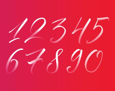 Renkli el yazılı kaligrafi numaraları. Vektör rakamları 1-10 kırmızı arka plan üzerinde degrade ile