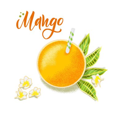 El dokulu mango suyu, çiçekler ve yapraklar çizilmiş. Sağlıklı gıda kafe, restoran, meyve ve bakkal pazarı için renkli vektör gıda illüstrasyon