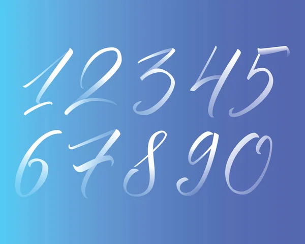 Numéros de calligraphie écrits à la main colorés. Chiffres vectoriels 1-10 avec dégradé sur fond bleu — Image vectorielle