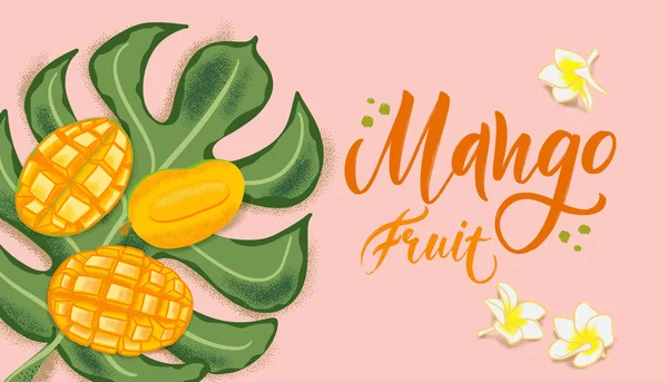 Handritade texturerat mango, blommor och blad på korall bakgrund. Färgglada vektor platt Lay Food illustration för hälsosam mat Café, restaurang, frukt och dagligvarumarknad — Stock vektor