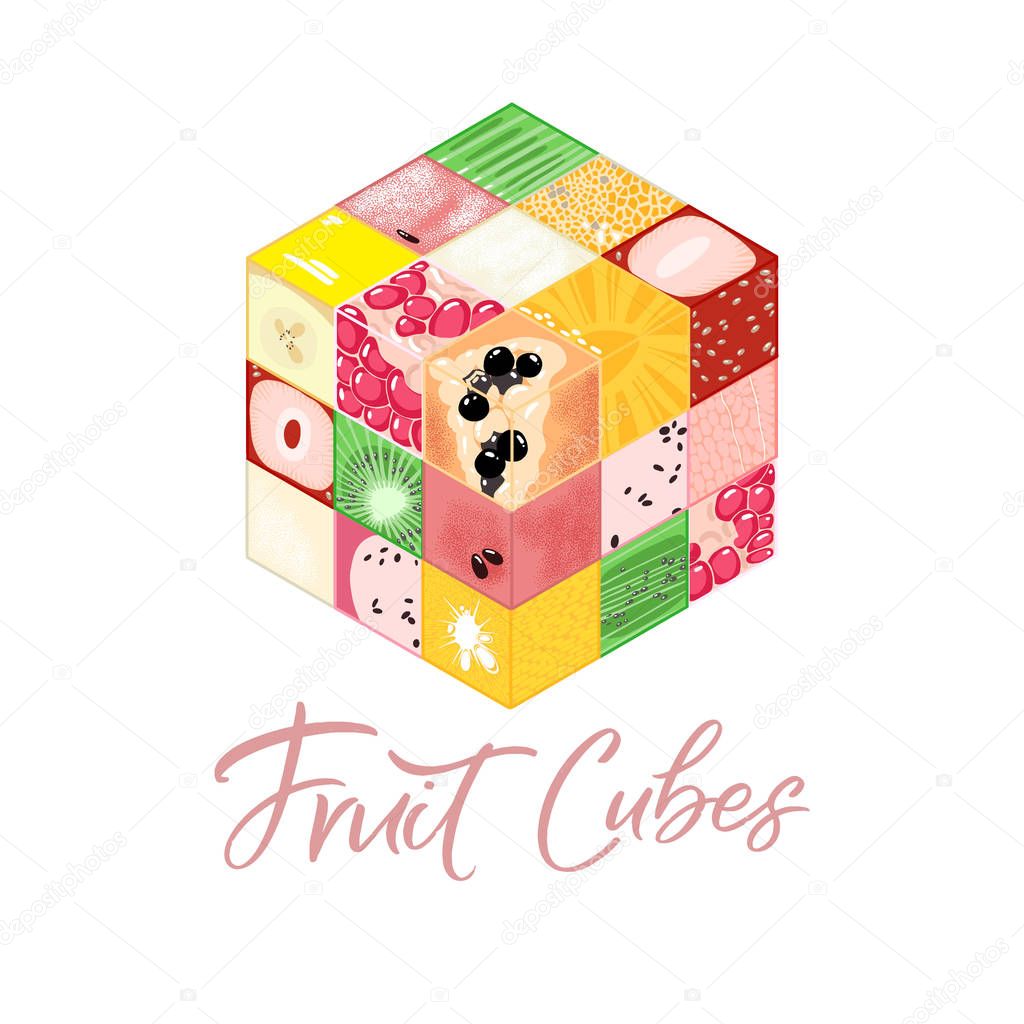 Collection of Isometric frut cubes on white background. Colorful vector food illustration for healthy food cafe, restaurant, fruits and grocery market