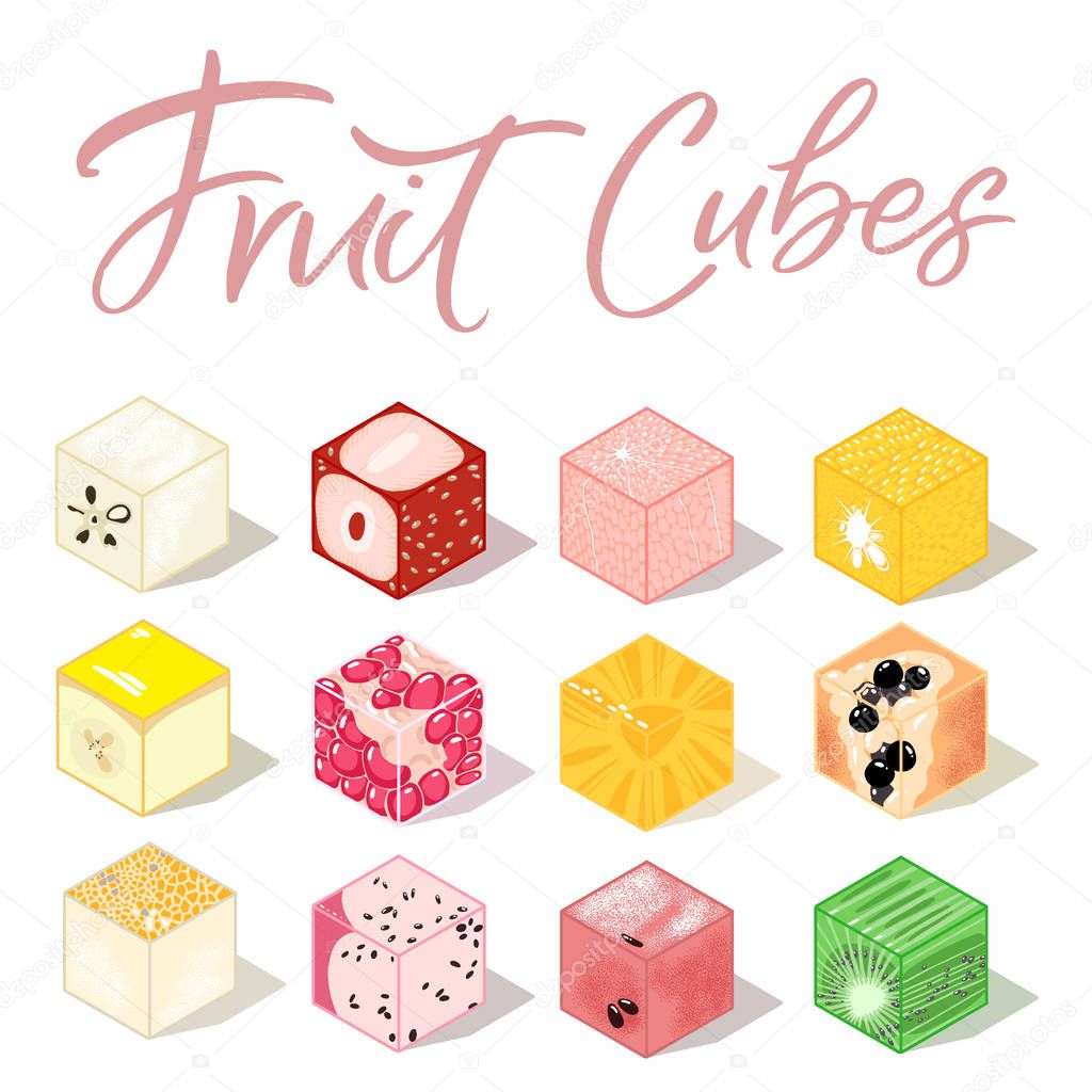 Isometric frut cubes with shadows. Colorful vector food illustration for healthy food cafe, restaurant, fruits and grocery market
