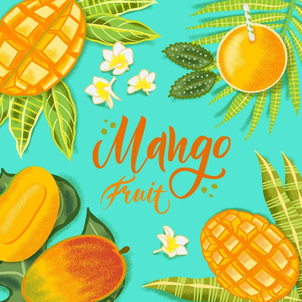 Handritad texturerad mango, blommor och blad på blå bakgrund. Färgglada vektor platt Lay Food illustration för hälsosam mat Café, restaurang, frukt och dagligvarumarknad — Stock vektor