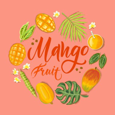 Mercan arka plan üzerinde el dokulu mango, çiçekler ve yapraklar çizilmiş. Sağlıklı gıda kafe, restoran, meyve ve bakkal pazarı için renkli vektör düz yatıyordu gıda illüstrasyon