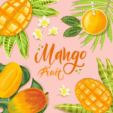 Mercan arka plan üzerinde el dokulu mango, çiçekler ve yapraklar çizilmiş. Sağlıklı gıda kafe, restoran, meyve ve bakkal pazarı için renkli vektör düz yatıyordu gıda illüstrasyon