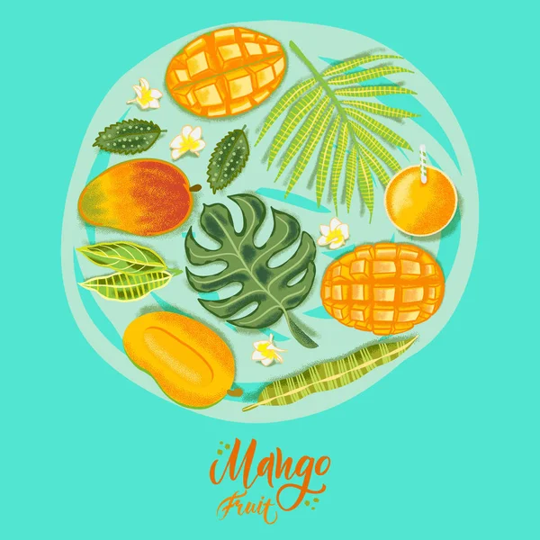 Hand drawn textured mango, flowers and leafs on blue background.  Colorful vector flat lay food illustration for healthy food cafe, restaurant, fruits and grocery market — Stock Vector