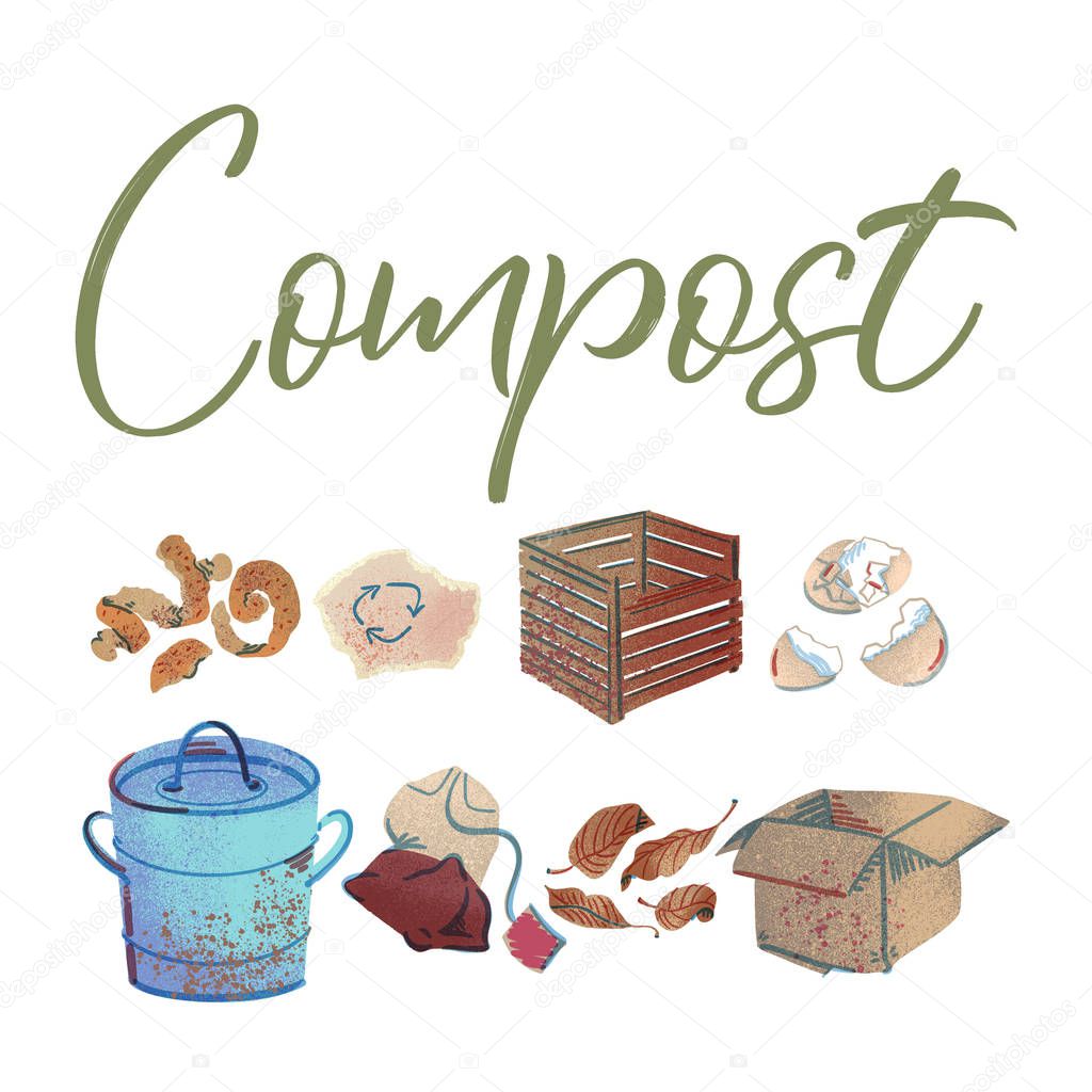 Collection of elements Organic waste theme. Illustration for home food processing and compost, organic waste, zero waste, environmental problem. 