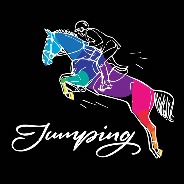 Hand drawn colorful graphic: horse riding. Equestrian sport like jumping  illustration for your design on black background — Stock Vector